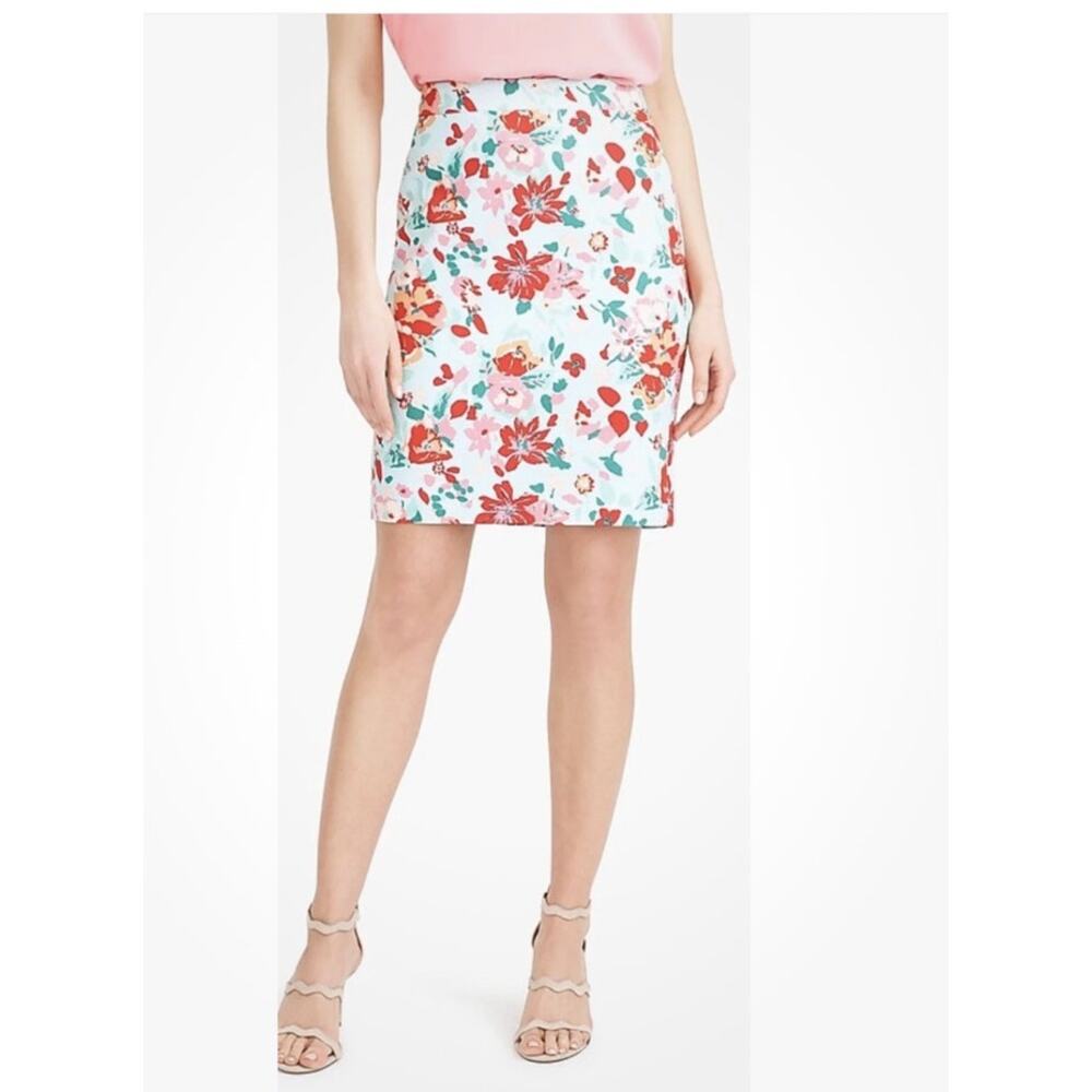 J CREW Pencil Skirt Floral Tiffany Blue Citron Cotton sz 6 Career Preppy Classic
